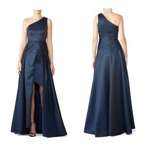 MONIQUE LHUILLIER dress blue 12 Odyssey one shoulder metallic gown high low